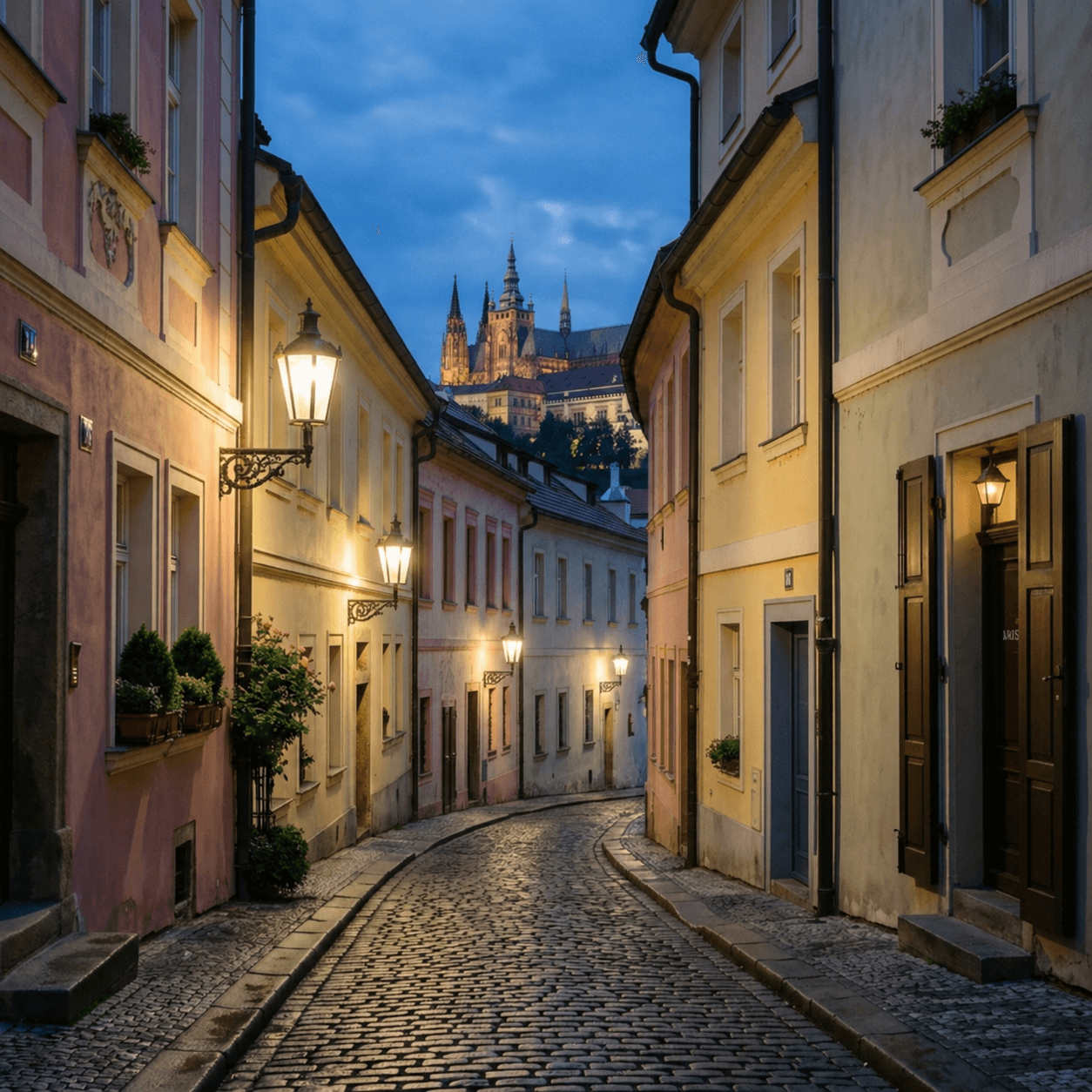 Historic Prague street at dusk with pastel-colored buildings, cobblestone pavement, street lamps, St. Vitus Cathedral visible in background